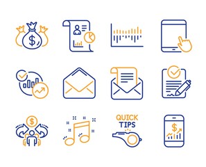 Rfp, Report and Statistics icons simple set. Mail newsletter, Tablet pc and Mail signs. Column diagram, Sharing economy and Musical note symbols. Line rfp icon. Colorful set. Editable stroke. Vector
