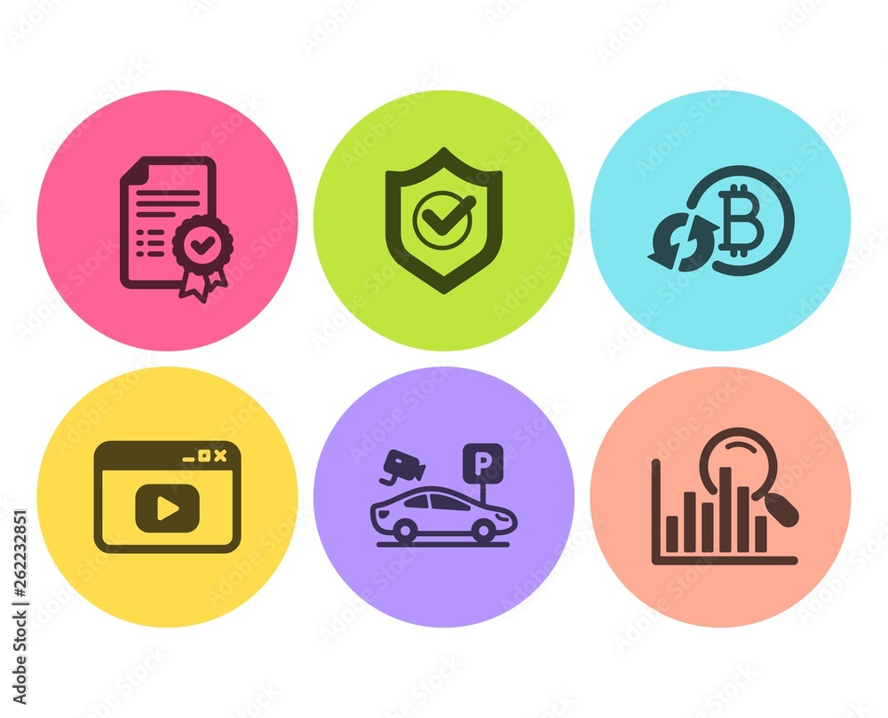 Poster refresh bitcoin, certificate and video content icons simple set. parking security, approved shield a