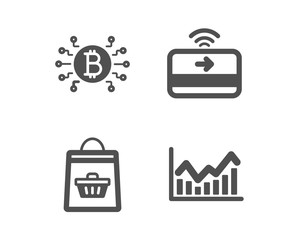 Set of Online buying, Bitcoin system and Contactless payment icons. Infochart sign. Shopping cart, Cryptocurrency scheme, Financial payment. Stock exchange.  Classic design online buying icon. Vector