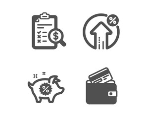 Set of Piggy sale, Loan percent and Accounting report icons. Debit card sign. Discounts, Growth rate, Check finance. Wallet with credit card.  Classic design piggy sale icon. Flat design. Vector