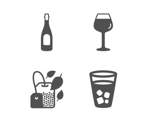Set of Champagne, Mint bag and Bordeaux glass icons. Ice tea sign. Celebration drink, Mentha tea, Wine glass. Soda beverage.  Classic design champagne icon. Flat design. Vector