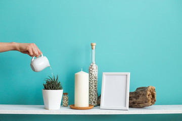 Modern room decoration with Picture frame mockup. White shelf against pastel turquoise wall with Candle and rocks in bottle. Hand watering potted succulent plant