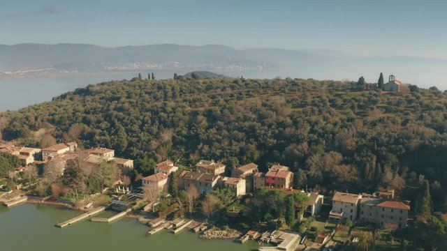 Aerial view of Maggiore island on Trasimeno lake in Italy