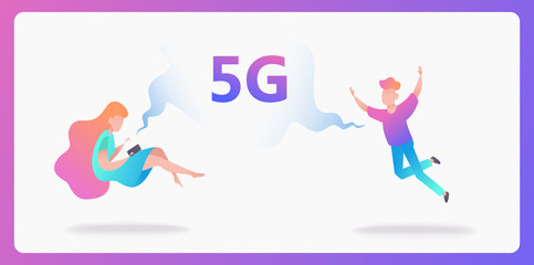 5G network concept. Cartoon character uses fast mobile internet lte.   Wireless technology vector illustration. Global network technology   concept use for business web template or mobile app. Vector