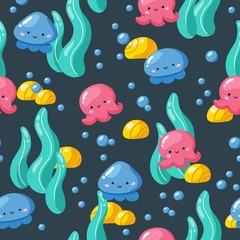 Fototapeta na wymiar Vector seamless pattern with underwater animals, jellyfish and octopus. Repeated texture with sea cartoon characters. Colorful childish background.