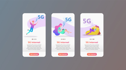 5G network concept. Cartoon character uses fast mobile internet lte.   Wireless technology vector illustration. Global network technology   concept use for business web template or mobile app. Vector