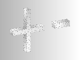 plus minus sign 3D low poly abstract illustration consisting of points, lines, and shapes in the form of planets, stars and the universe. Origami Raster wireframe concept.