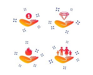 Helping hands icons. Financial money savings, family life insurance symbols. Diamond brilliant sign. Fire protection. Random dynamic shapes. Gradient insurance icon. Vector