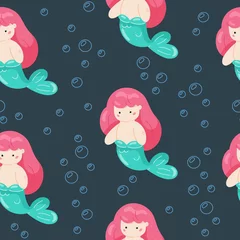 Behang Naadloze babymeisje zwemmen kleine zeemeermin illustratie kinderen onder water zee thema achtergrondpatroon in vector © Алексей Боев