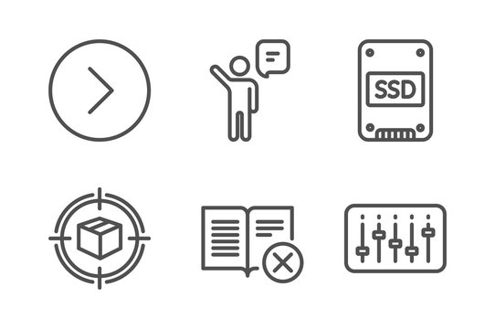 Parcel tracking, Agent and Forward icons simple set. Ssd, Reject book and Dj controller signs. Box in target, Business person. Line parcel tracking icon. Editable stroke. Vector