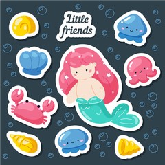 Set of cute creative stickers templates with mermaid theme design. Hand Drawn card for birthday, party invitations, scrapbook, summer holidays. Vector illustration of Mermaid, jellyfish, sea animals.