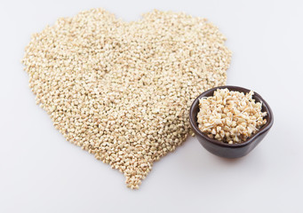Sprouts of green buckwheat in a bowl. Macro shot. Raw buckwheat. Useful food from buckwheat sprouts for vegetarian food.