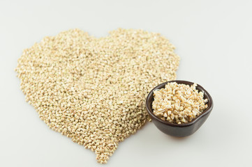 Sprouts of green buckwheat in a bowl. Macro shot. Raw buckwheat. Useful food from buckwheat sprouts for vegetarian food.