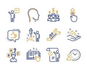 Quiz test, Escalator and Swipe up icons simple set. Like, Skin care and Head signs. Salary employees, Agent and Fireworks symbols. Manual doc, Technical documentation and Time management. Vector