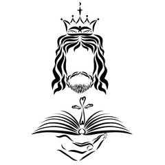 The reigned Jesus holds in his hand an open book with a cross