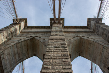 Fototapeta premium Słynny most Brooklyn Bridge w Nowym Jorku w Stanach Zjednoczonych Ameryki, przedstawiający zawieszenie przewodowe i flagę USA na szczycie kolumny w częściowo pochmurny dzień z niebieskim Skys.