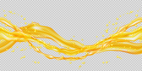 Transparent orange juice splash. Horizontal seamless pattern. The right and left sides of the illustration seamlessly fit together. Realistic vector illustration. - obrazy, fototapety, plakaty
