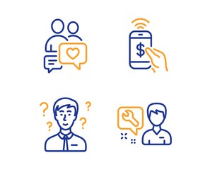 Phone payment, Support consultant and Dating chat icons simple set. Repairman sign. Mobile pay, Question mark, People love. Repair service. People set. Linear phone payment icon. Colorful design set