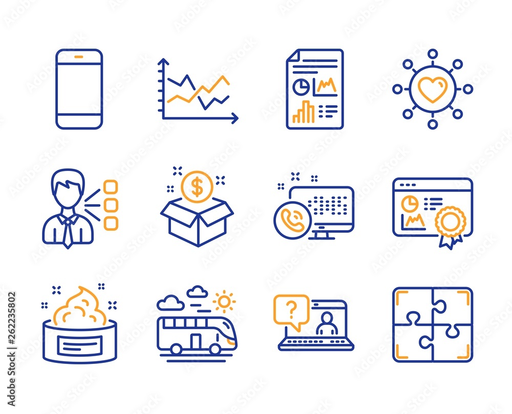 Aufkleber post package, diagram chart and report document icons simple set. seo certificate, web call and bus 