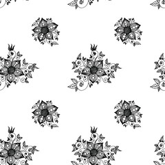 Black hand drawn flowers seamless pattern on white background for fabric, cloth, textile, print, material, wallpaper, backsplash or wrapping paper. Floral backdrop vector illustration