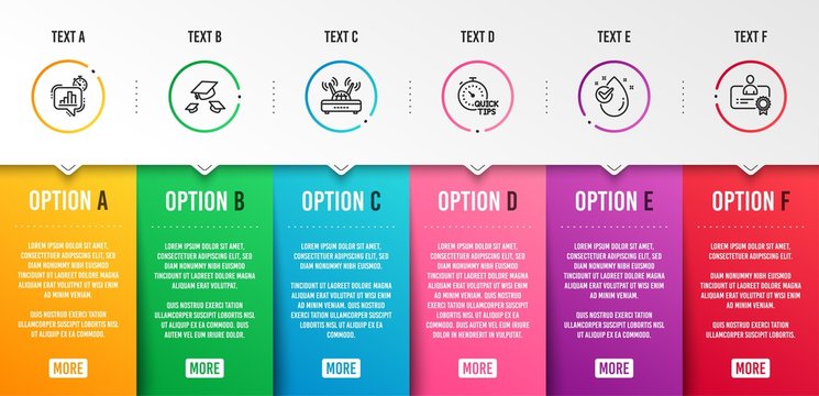 Quick tips, Water drop and Statistics timer icons simple set. Throw hats, Wifi and Certificate signs. Helpful tricks, Clean aqua. Science set. Infographic template. 6 steps timeline. Business options