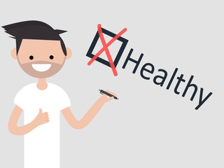 Healthy.Young character with pen shows checkbox with a cross on grey background. Checklist concept.Flat cartoon design