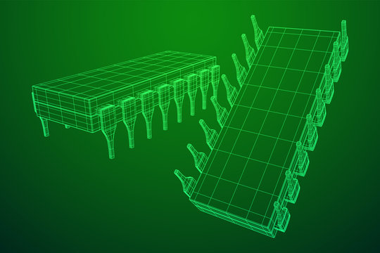 Microchip quantum processor, micro-processor with board electronic CPU wireframe low poly mesh vector illustration