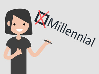 Millennial.Young character with pen shows checkbox with a cross on grey background. Checklist concept.Flat cartoon design