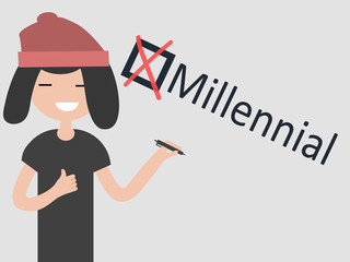 Millennial.Young character with pen shows checkbox with a cross on grey background. Checklist concept.Flat cartoon design