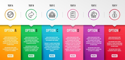 Search people, Share and Group icons simple set. Audit, Report document and Contactless payment signs. Find employee, Link. Technology set. Infographic template. 6 steps timeline. Business options