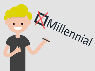 Millennial.Young character with pen shows checkbox with a cross on grey background. Checklist concept.Flat cartoon design