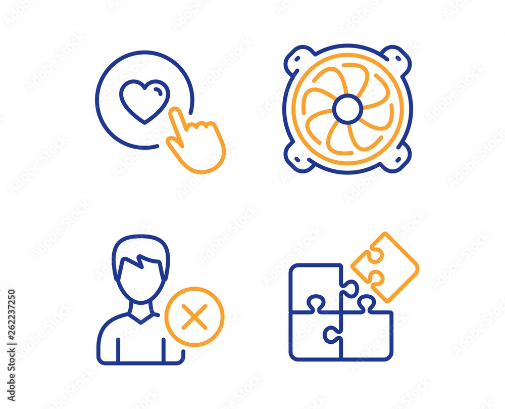 Poster remove account, computer fan and like button icons simple set. puzzle sign. delete user, pc ventilat
