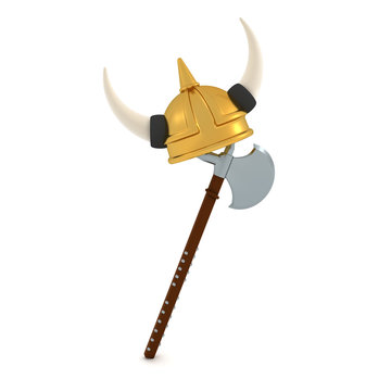 3D Rendering of viking helmet on battle axe