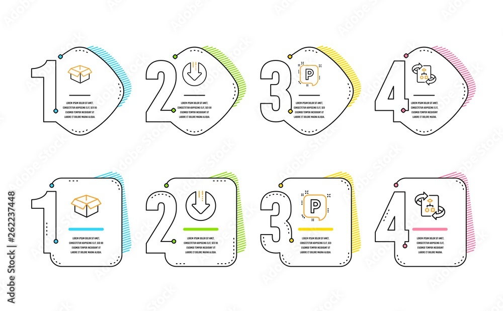 Poster download arrow, opened box and parking icons simple set. technical algorithm sign. crisis, shipping 