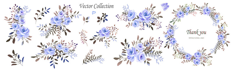 Vector. Wreaths.; Botanical collection of wild and garden plants. Set: leaves; flowers; branches; blue roses; floral arrangements; natural elements.