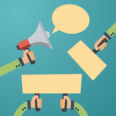 Man hands holds loudspeaker nameplate and banner. Marketing and advertising vector illustration in flat graphics style.