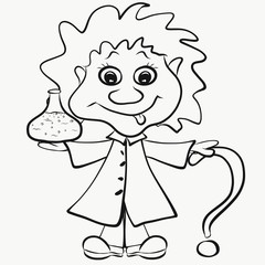 funny scientist with a flask in his hand and a question mark