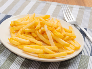 French fries on a white plate with fork