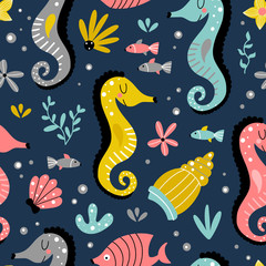 Children seamles background with seahorses