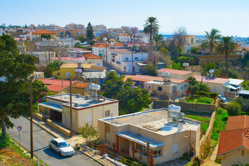 Paphos skyline, car, houses, Cyprus