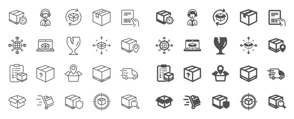 Logistics, Shipping document line icons. Set of Truck Delivery, Box and Checklist icons. Parcel tracking shipping, World trade logistics. Location pin, Goods parcel insurance and document. Vector