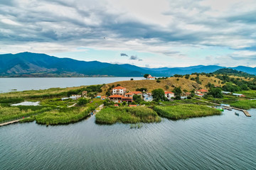 Fototapeta na wymiar aerial view of island of Agios Achilios in lake Small Prespes, Greece