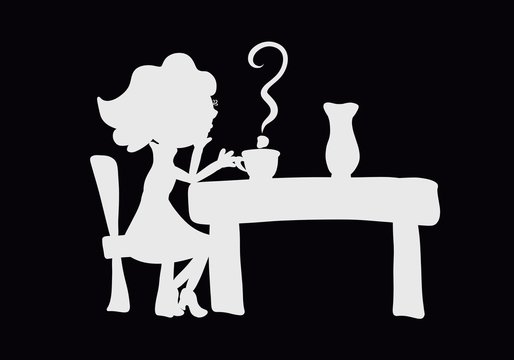 Pensive woman sitting at the table, question mark above the cup with a drink