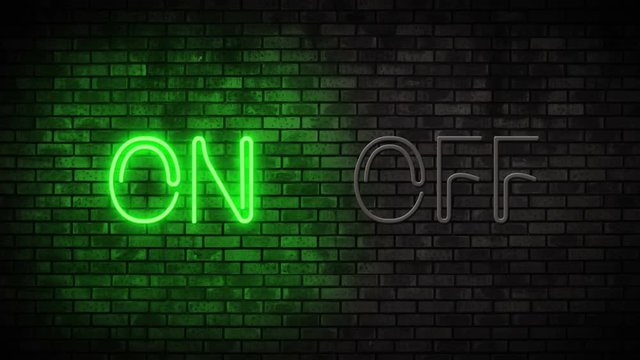 Neon On and Off Switch Light on Brick Wall. Night Club Bar Blinking Neon Sign. Motion Animation. Video available in 4K FullHD and HD render footage