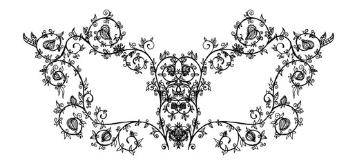 Hand drawn black eye mask with tracery, flowers and leaves on white background