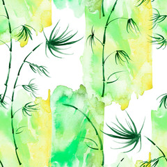 Fototapeta na wymiar Tropical leaves.Watercolor leaves of a tree, palms, bamboo, nettle, abstract splash. Watercolor abstract seamless background, pattern, spot, splash of paint, blot, divorce, color. Tropic pattern.
