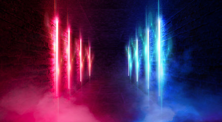 Light tunnel, dark long corridor room with neon lamps. Abstract blue and red neon, background with smoke and neon light. Concrete floor, symmetrical reflection and mirroring. 3D illustration.