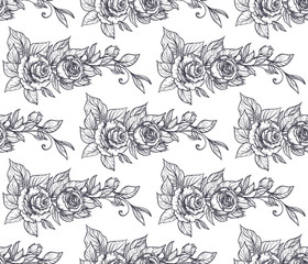 Seamless pattern with graphic rose flowers, vector floral endless background