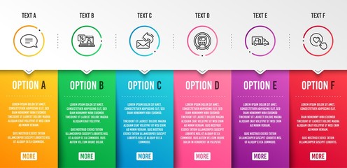 Online loan, Metro subway and Share mail icons simple set. Chat, Truck transport and Like button signs. Discount percent, Underground. Technology set. Infographic template. 6 steps timeline. Vector