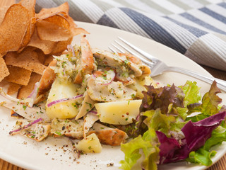 warm salad with German sausages